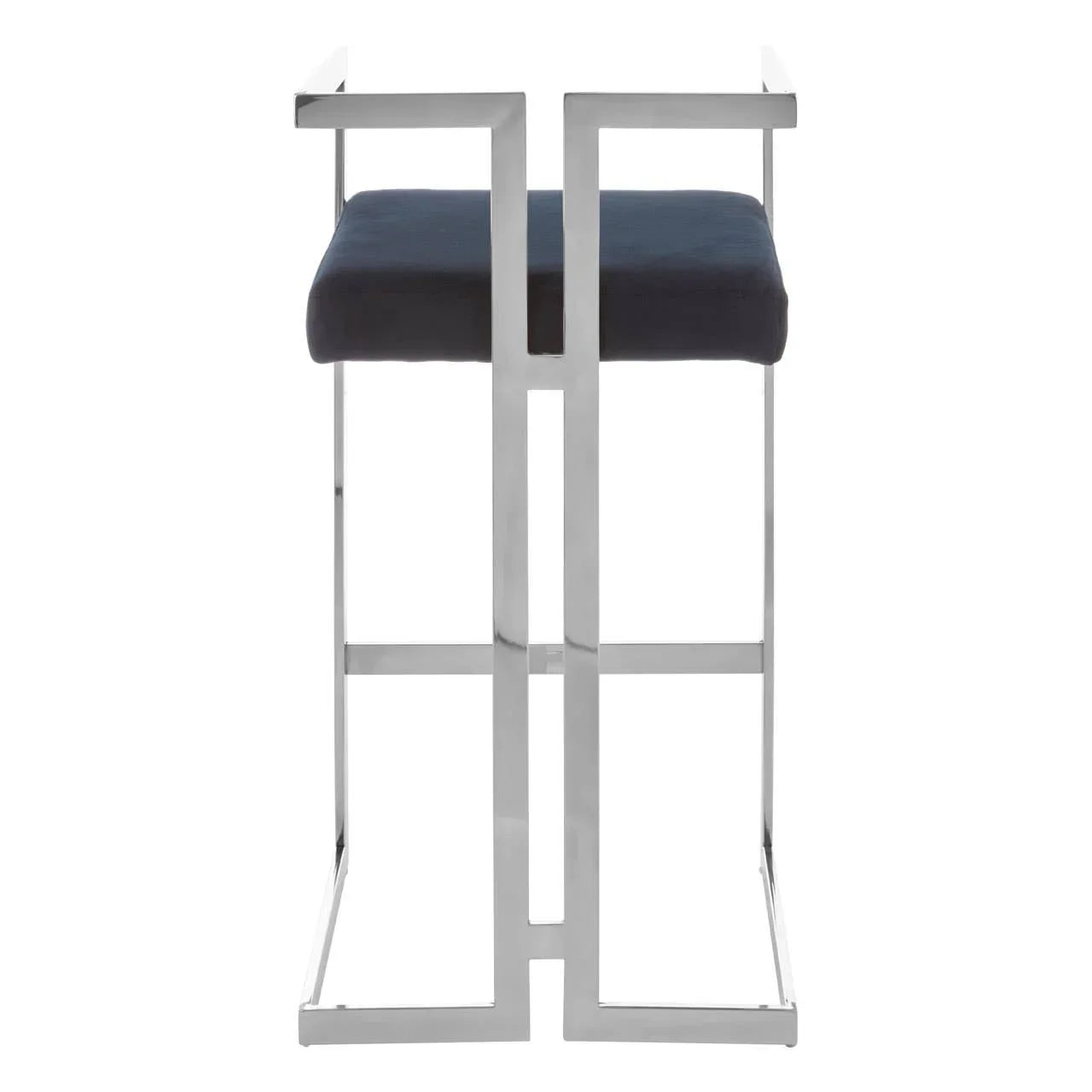 Front view of a chrome bar stool with a black upholstered seat and geometric metal frame