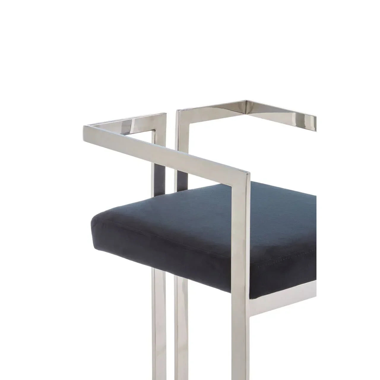 Modern chair with chrome metal frame and black upholstered seat, side arm detail view