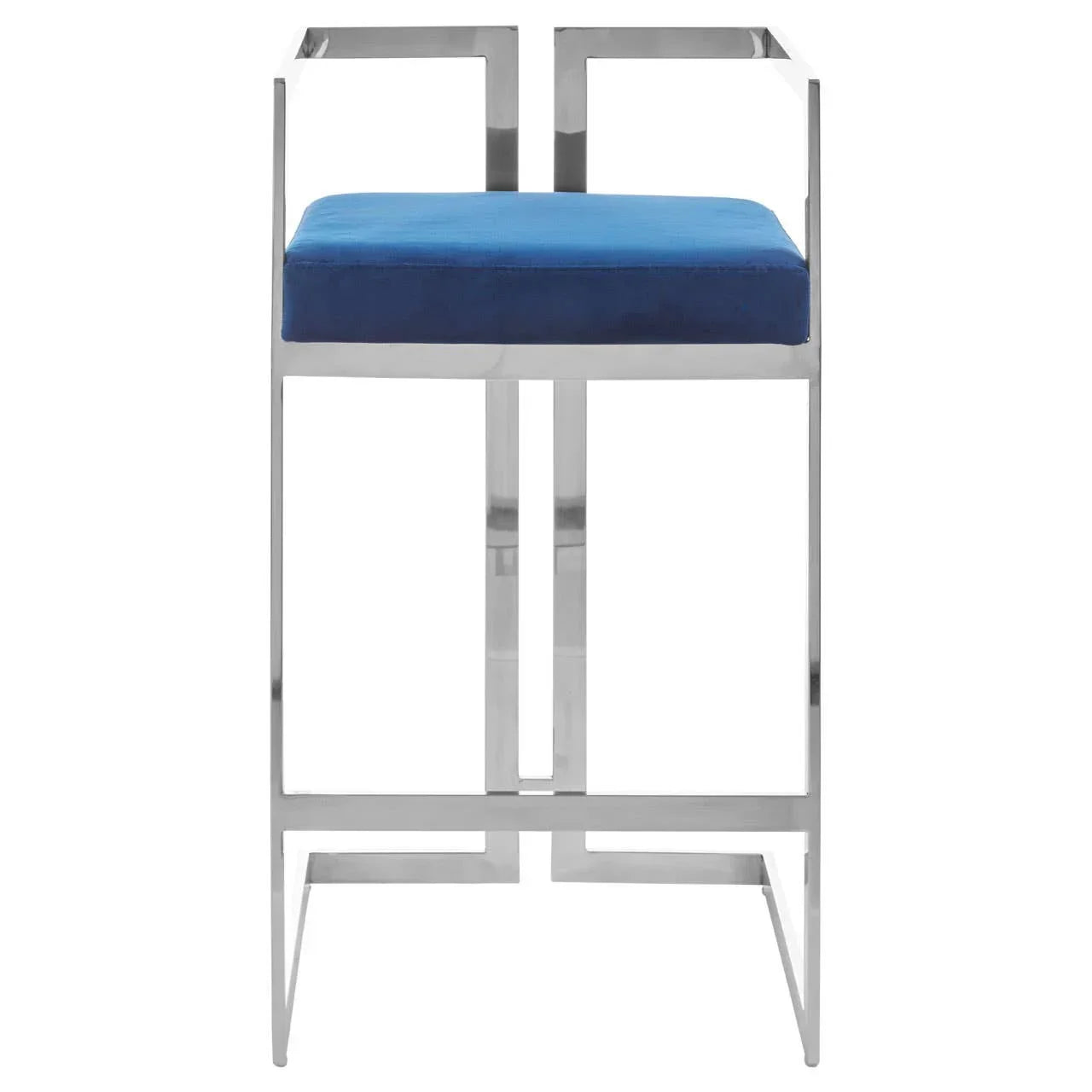 Modern bar stool with silver metal frame and blue velvet seat, front facing view