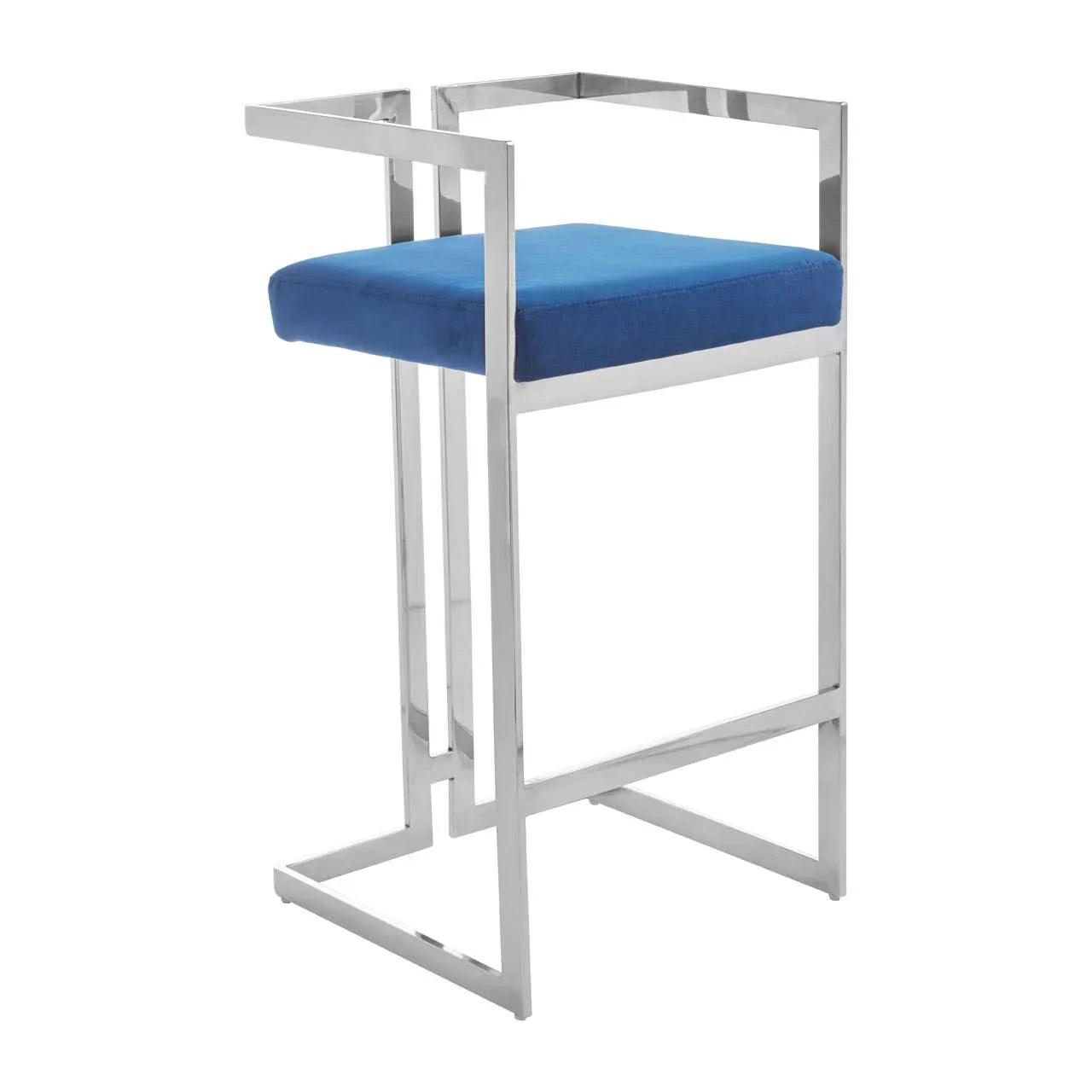 Modern blue velvet bar stool with chrome metal frame and open geometric arm design