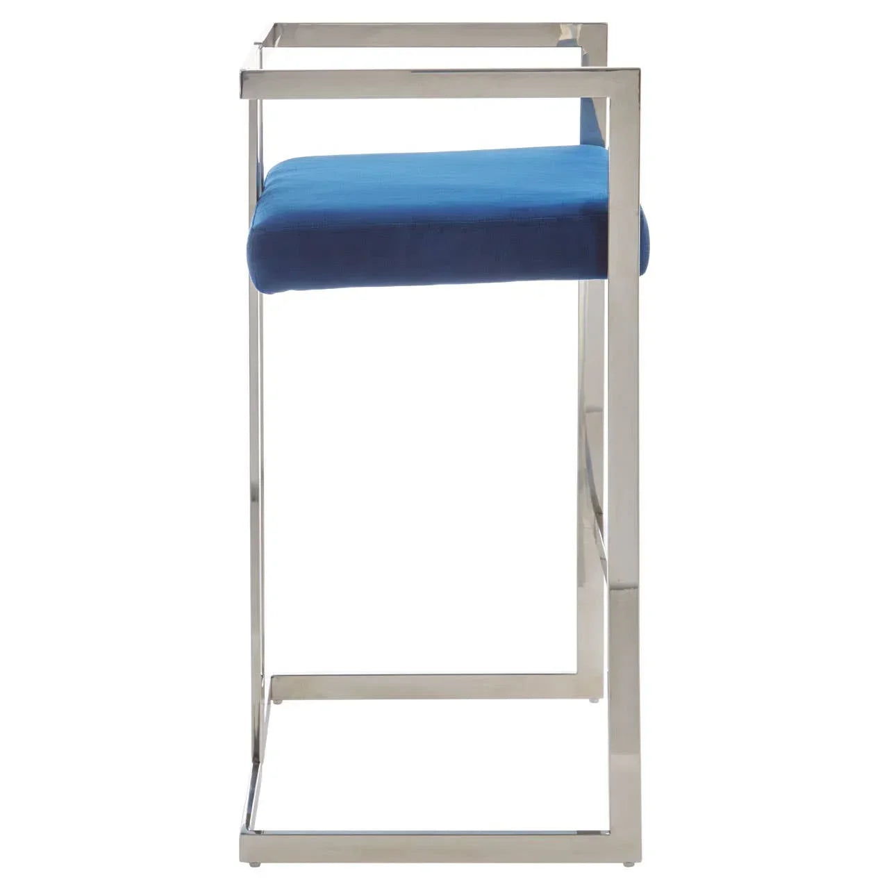 Side view of modern bar stool with chrome frame and blue velvet seat