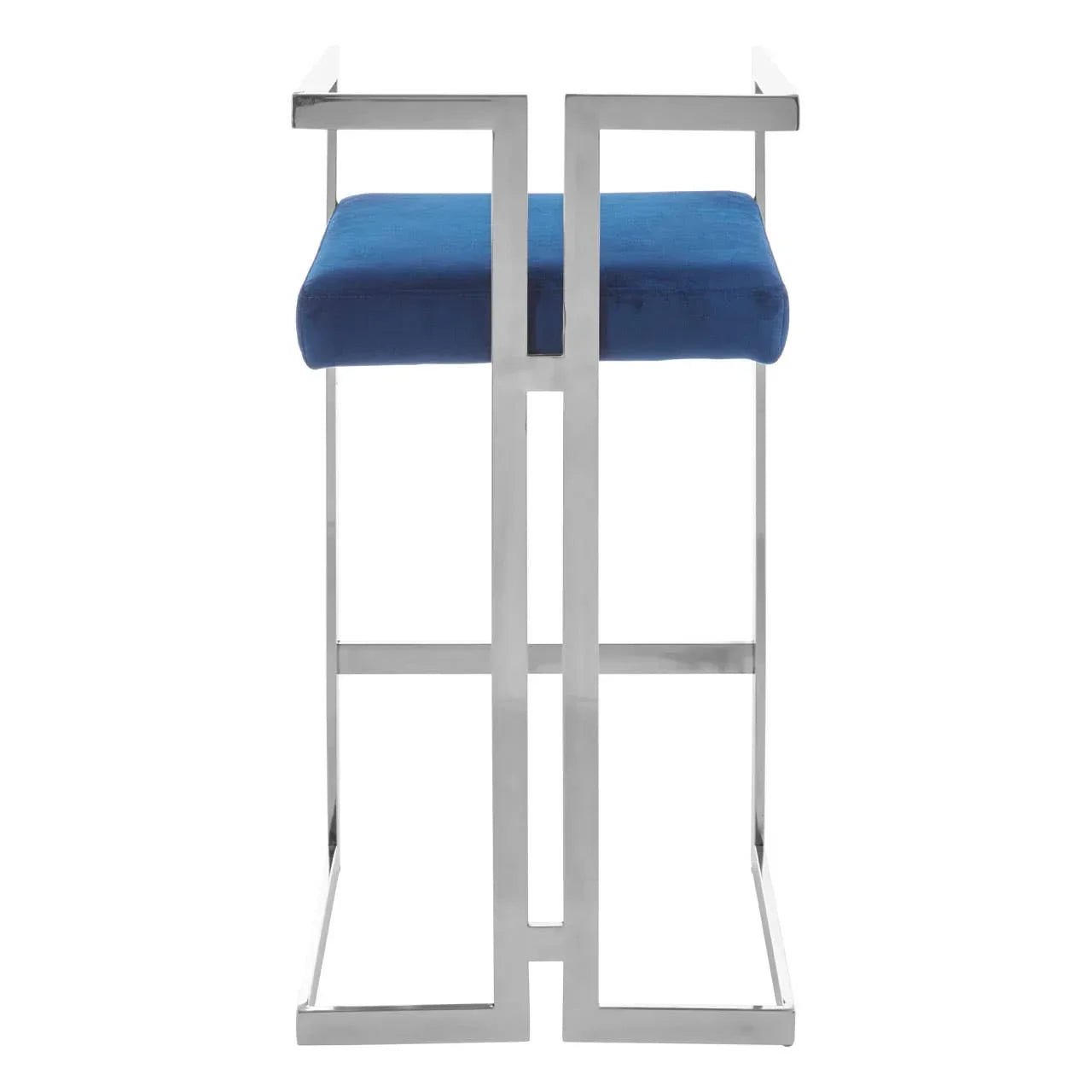 Blue velvet bar stool with chrome metal frame, rear view highlighting modern design