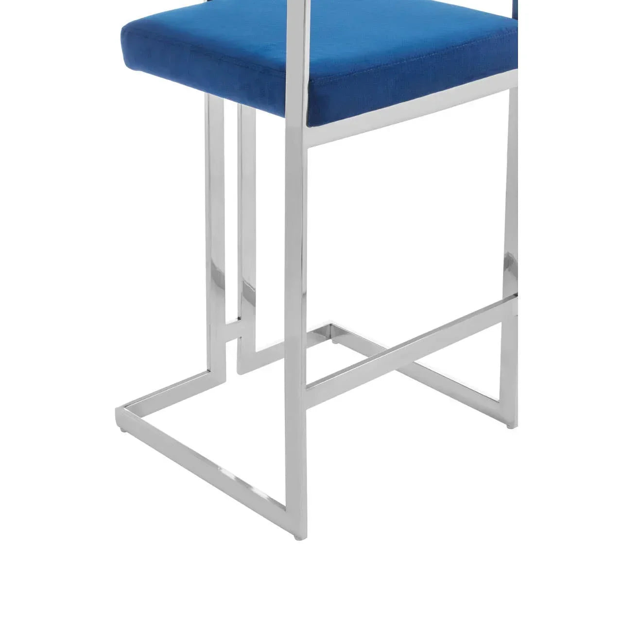 Chrome frame dining chair with blue seat cushion, geometric metal legs close-up