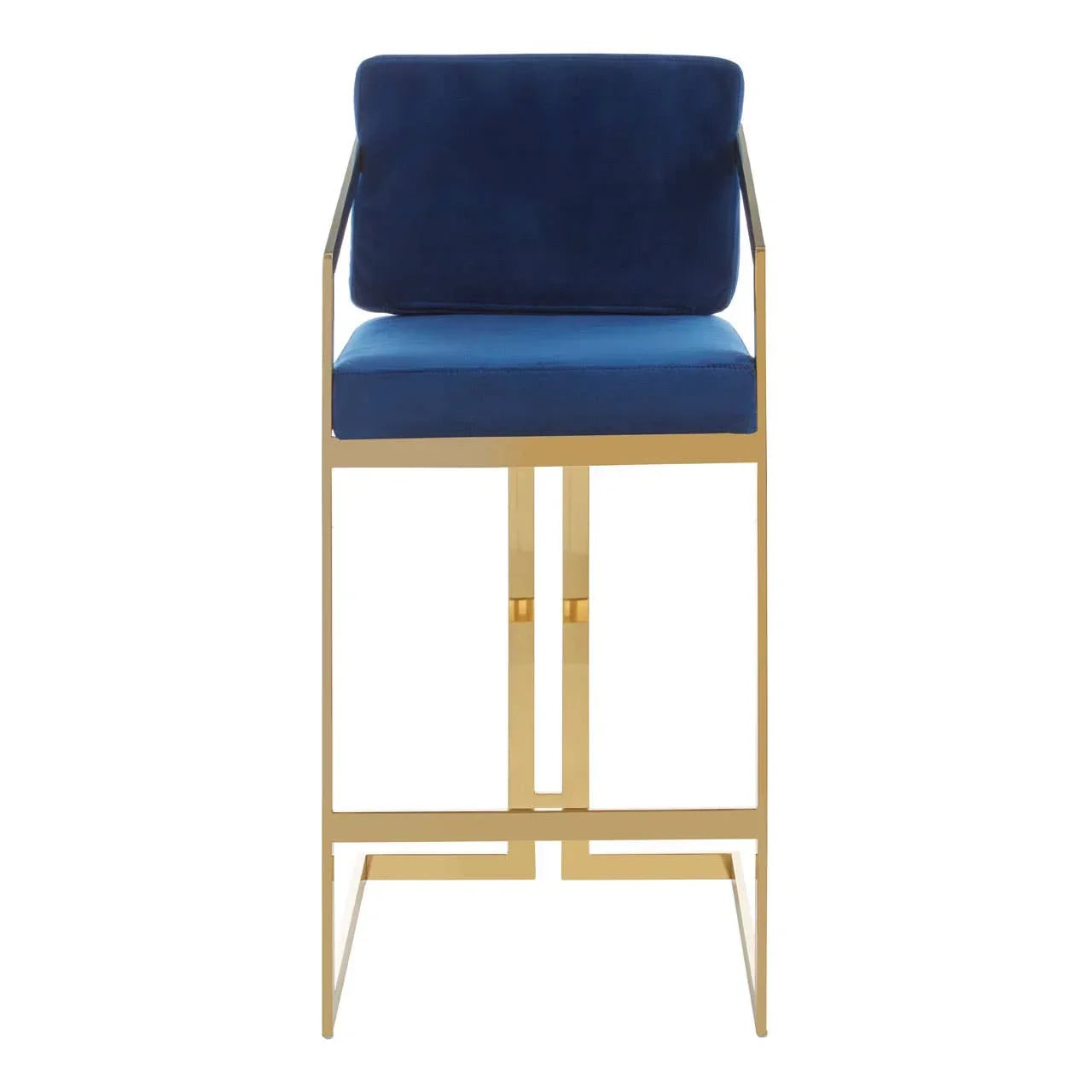 Blue velvet bar stool with gold metal frame, front view