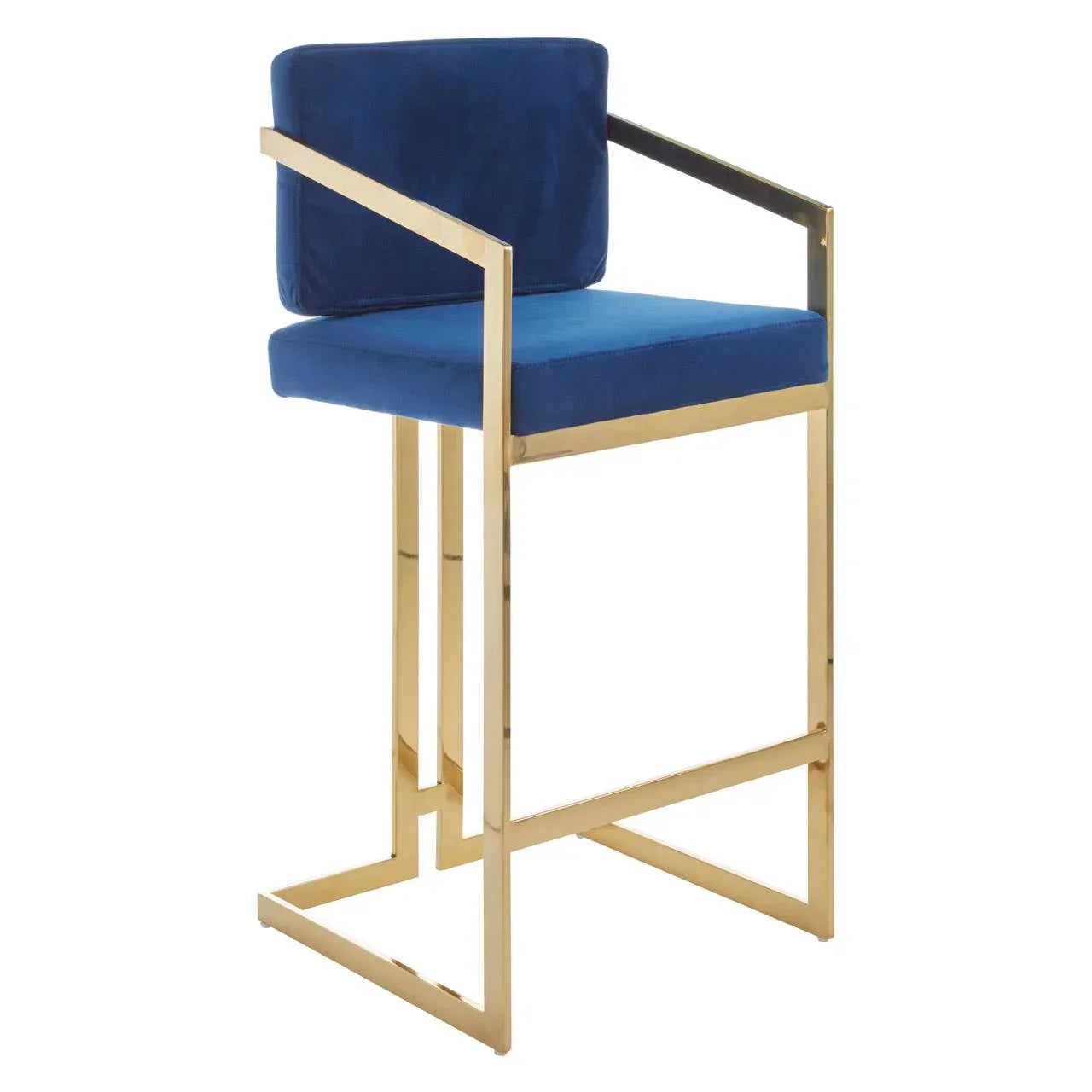 Blue velvet bar stool with gold metal frame and armrests, side angle view