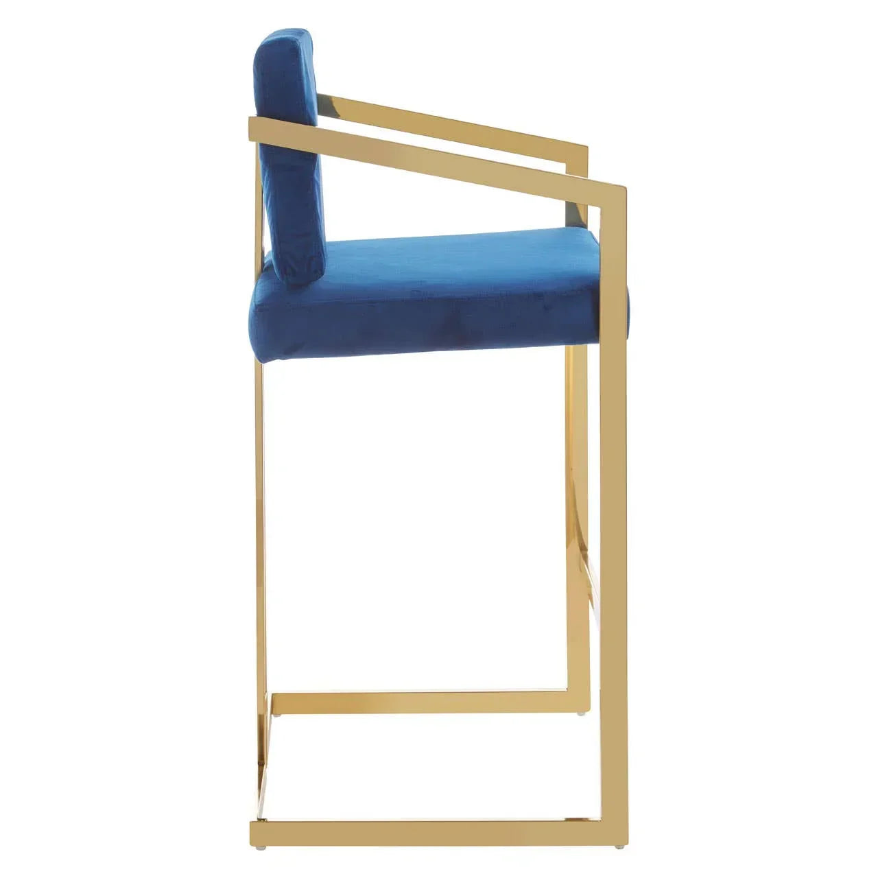 Blue velvet bar stool with gold metal frame side view