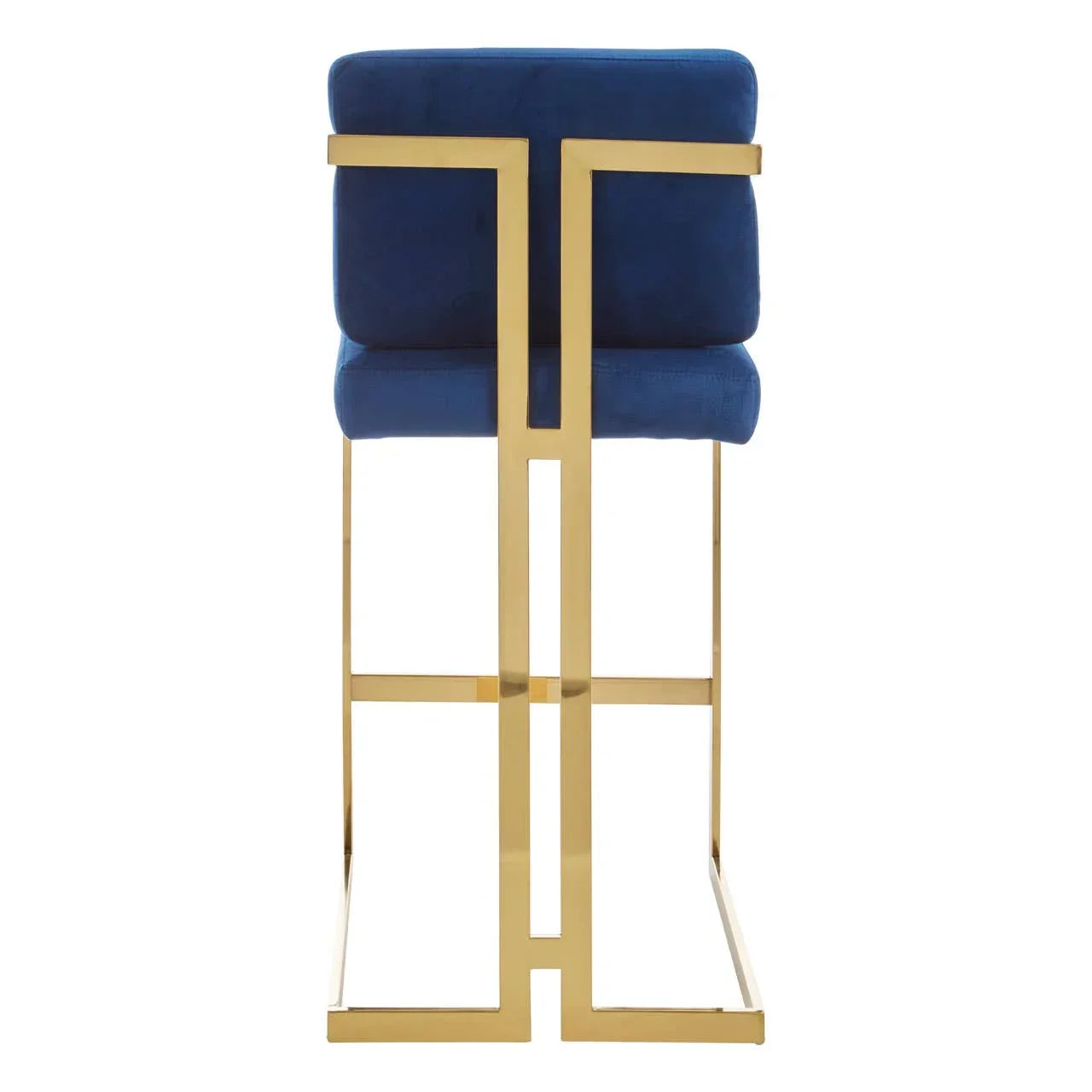 Blue velvet bar stool with gold metal frame, rear view highlighting backrest and base