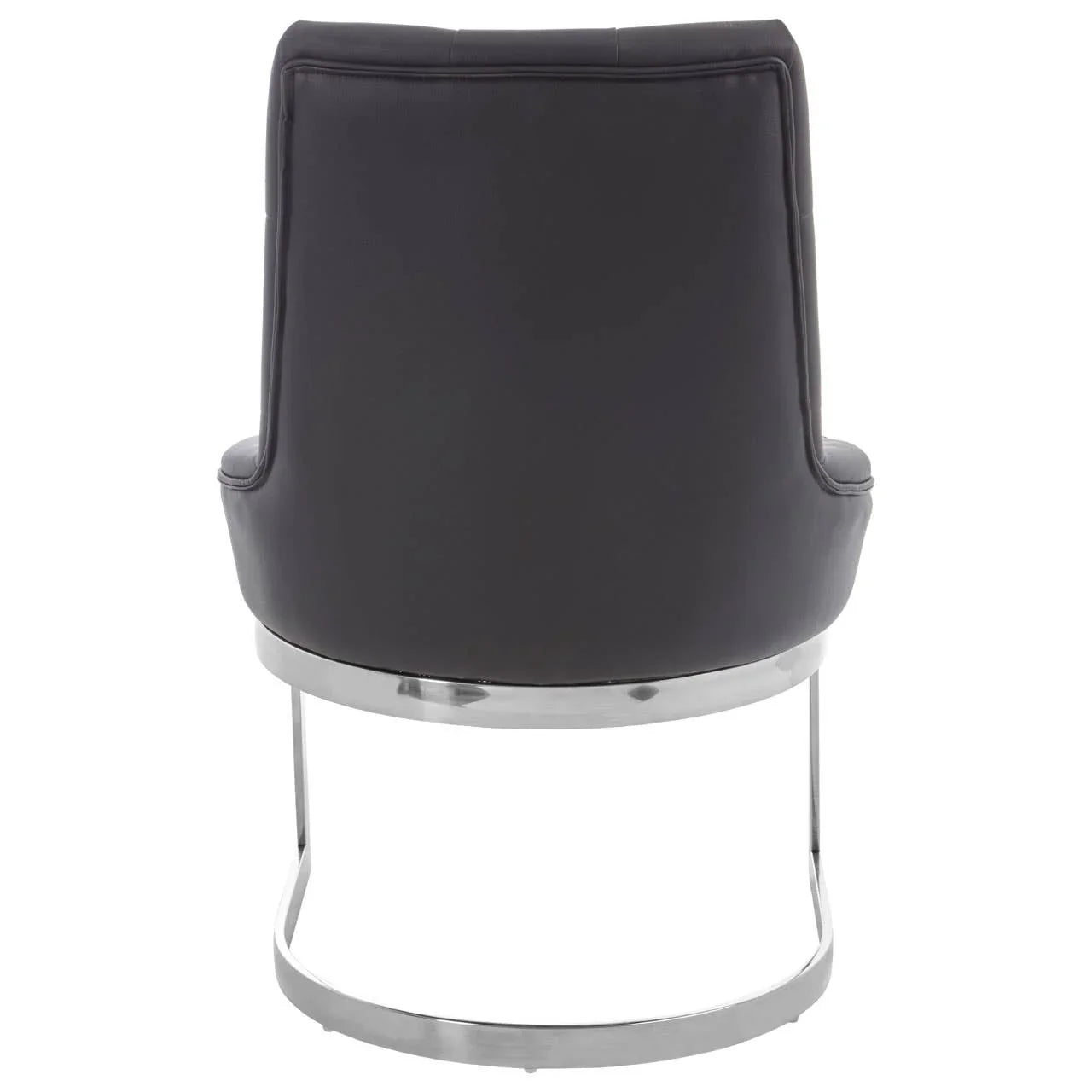 Back view of black leather dining chair with chrome metal cantilever base