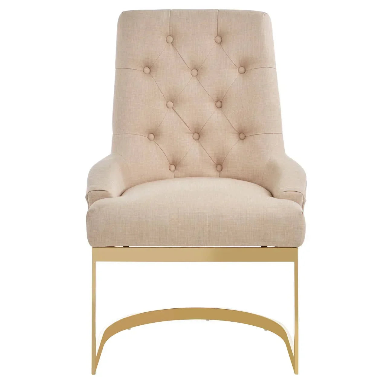 Beige upholstered dining chair with button tufted back and gold metal legs, front view