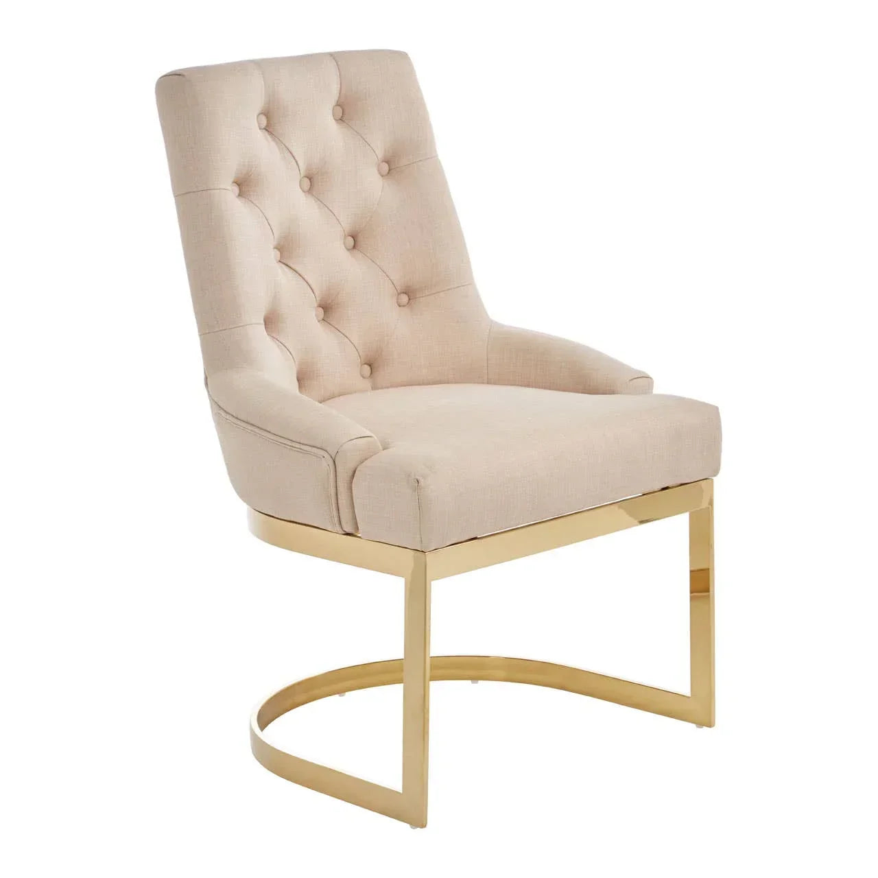 Beige upholstered dining chair with button-tufted back and gold metal base