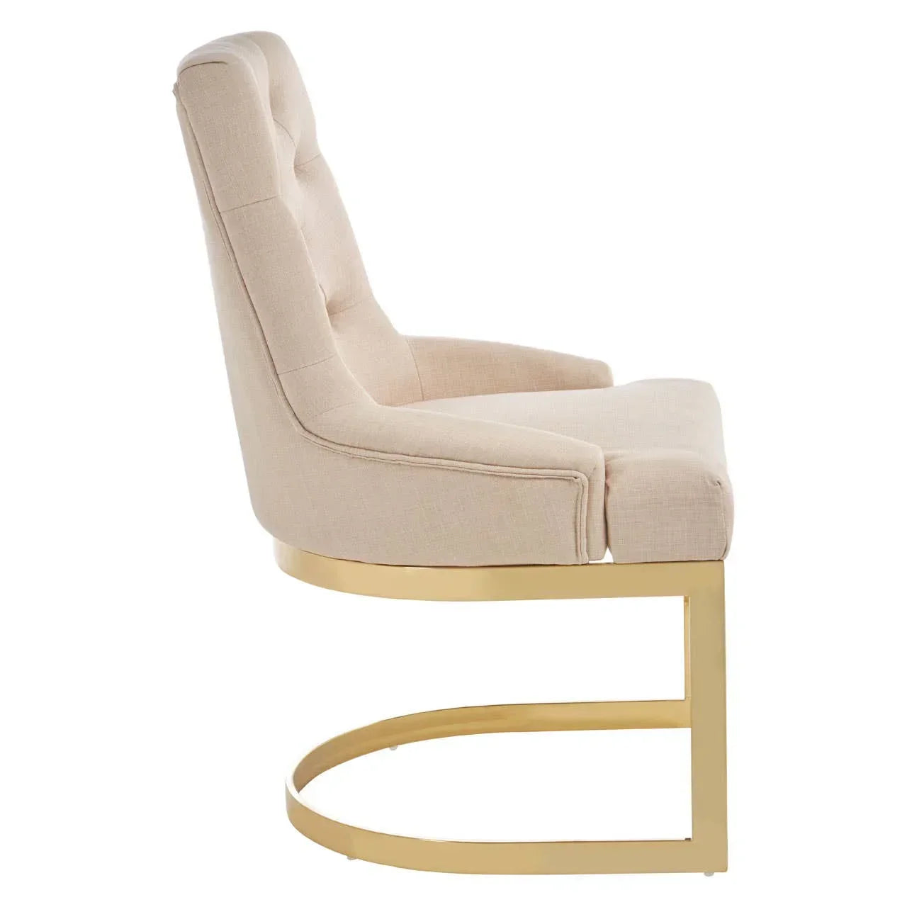 Beige upholstered dining chair with gold metal frame, side view