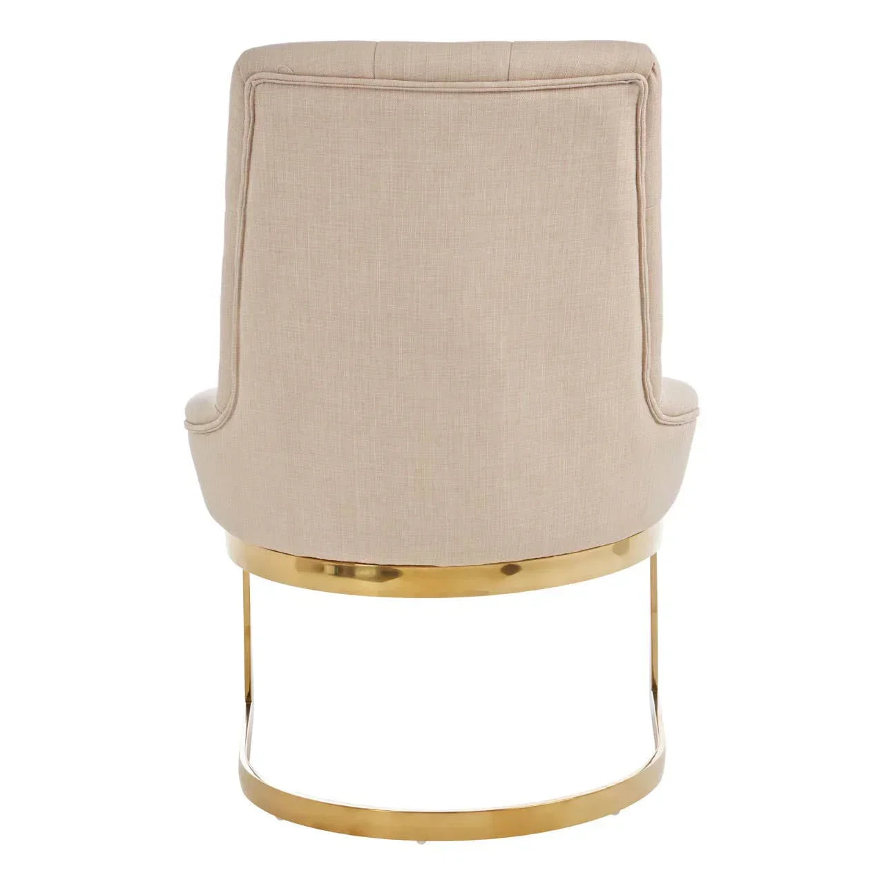 Beige upholstered accent chair with gold metal base, rear view