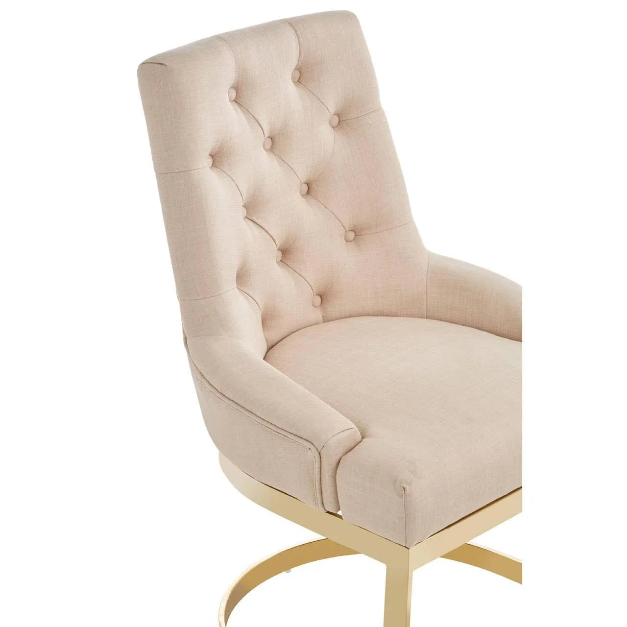 Beige upholstered dining chair with tufted backrest and gold metal swivel base