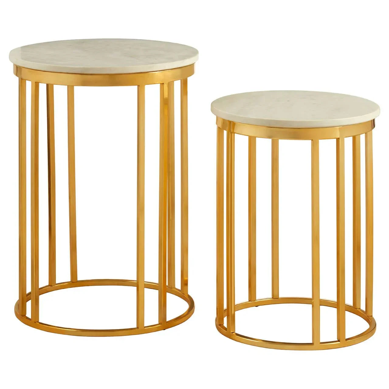 Set of two round marble top side tables with gold metal frames