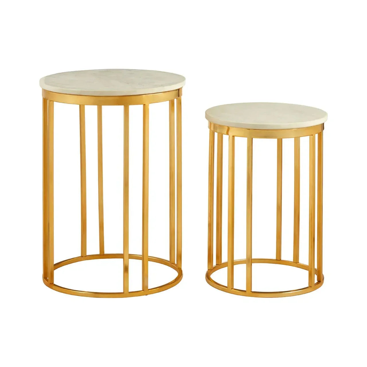 Round nesting side tables with gold metal frames and white marble tops