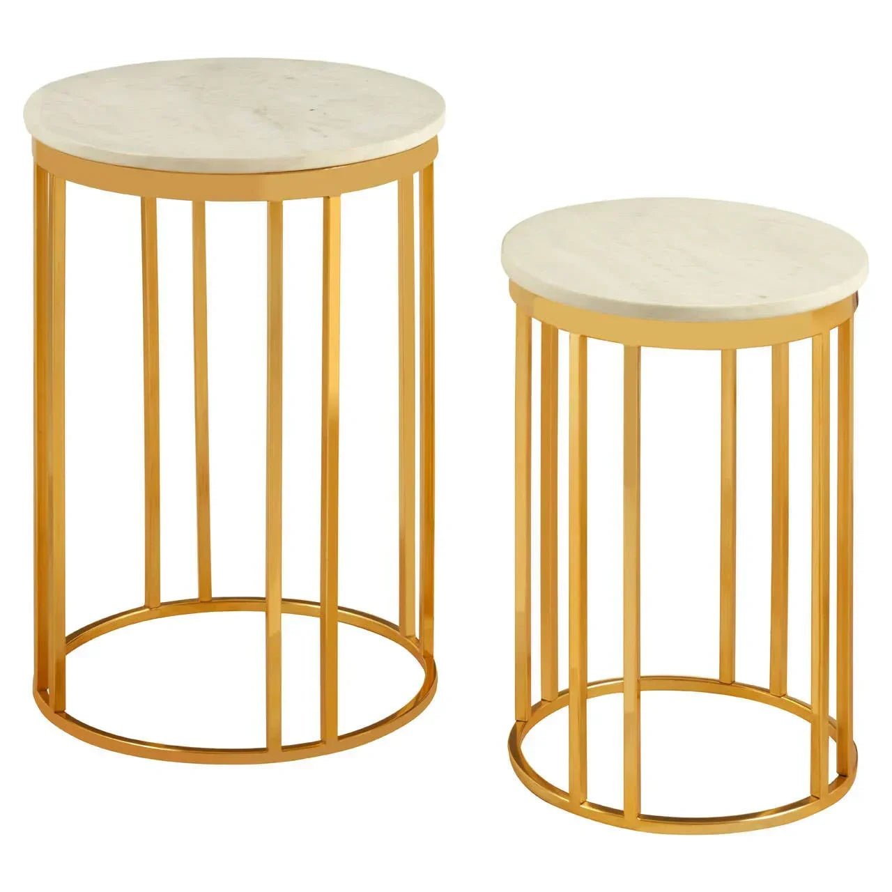 Round marble top nesting side tables with gold metal frames, two sizes shown together
