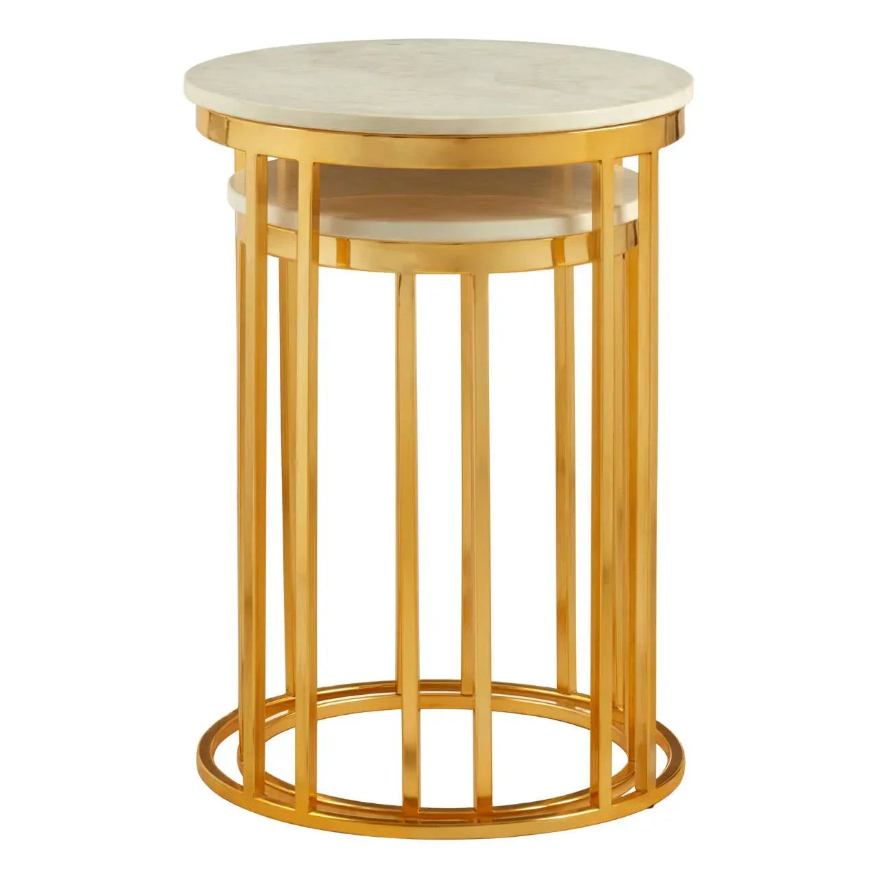 Round marble top nesting side tables with gold metal frames