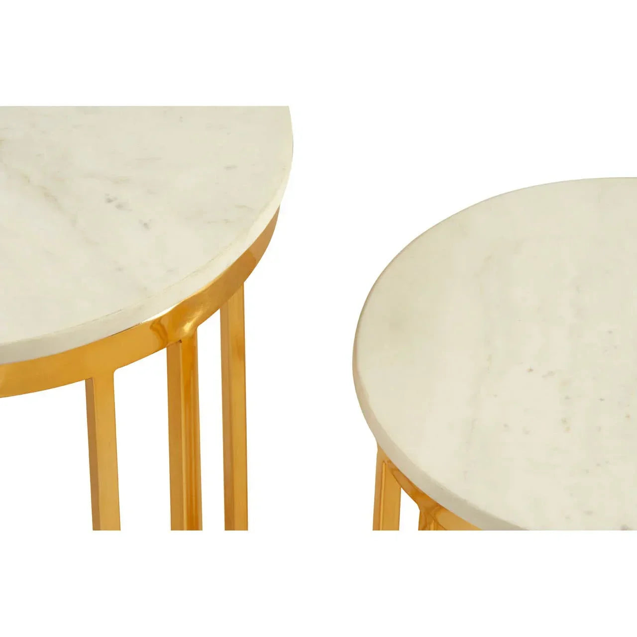Round marble top nesting tables with gold metal legs, close-up of surfaces
