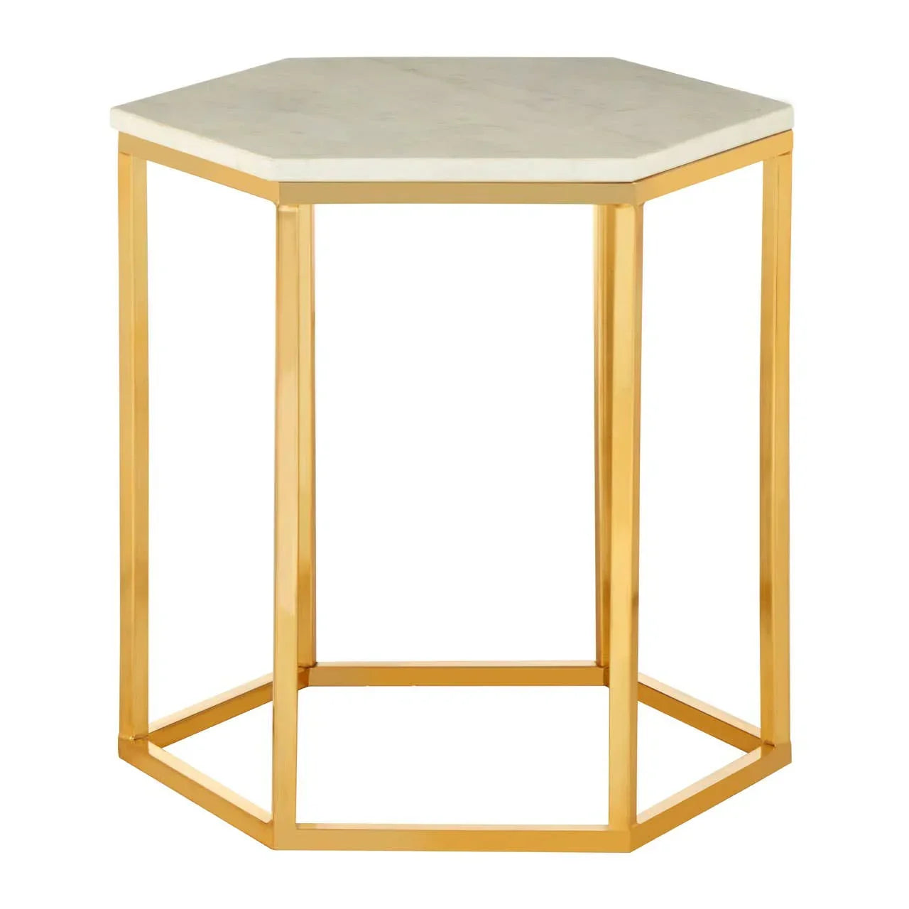 Hexagonal side table with white marble top and gold metal frame