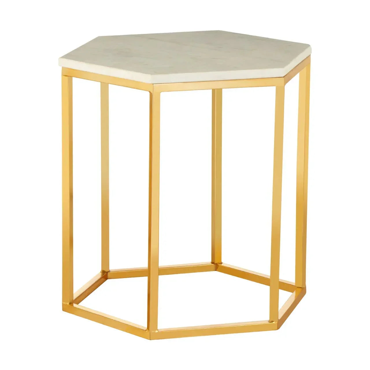 Hexagonal marble top side table with gold metal frame, modern accent furniture