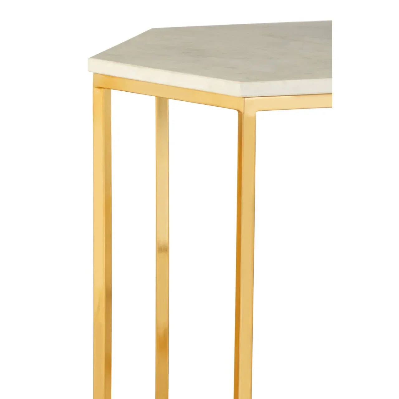 Marble top side table with gold metal legs, close-up of corner and frame detail