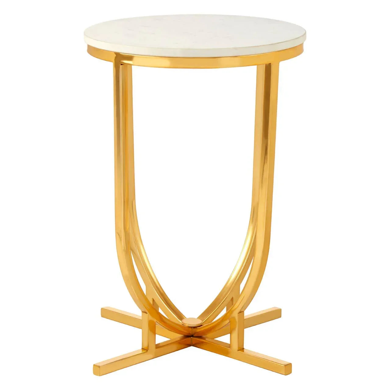 Round side table with white marble top and gold metal base