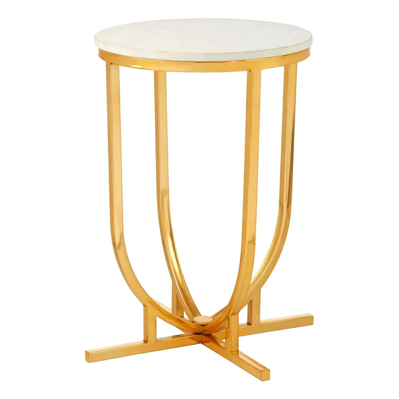 Round marble top side table with gold metal frame and cross base