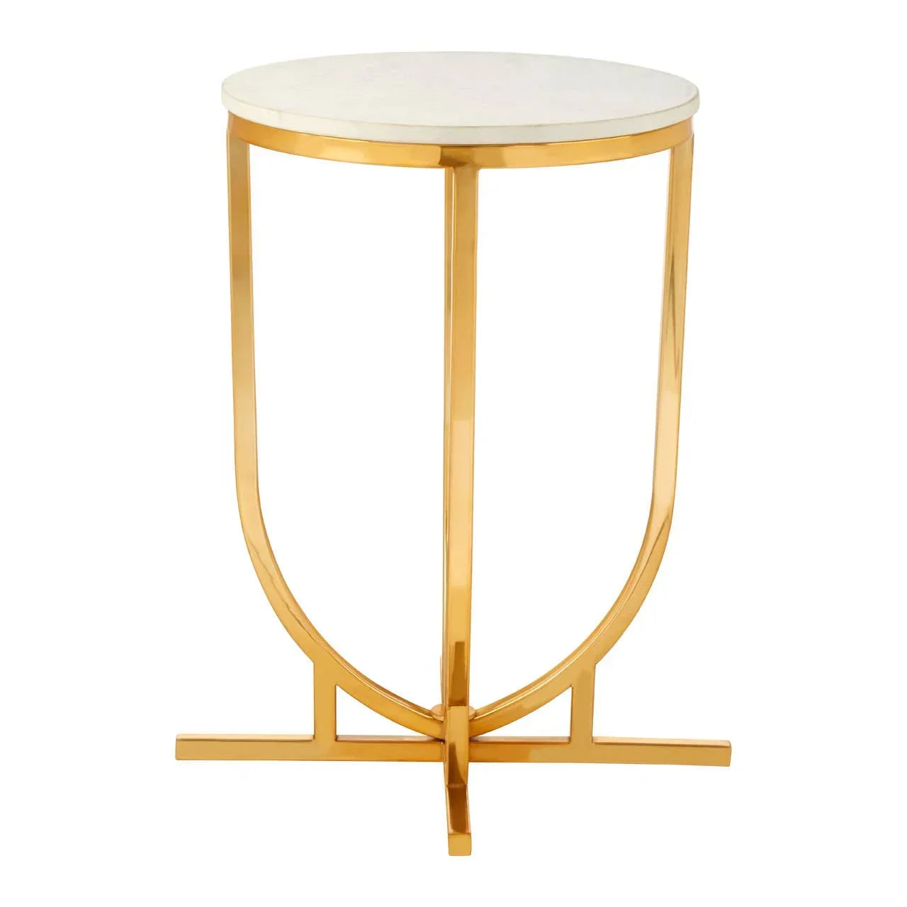 Round side table with white marble top and gold metal base on white background