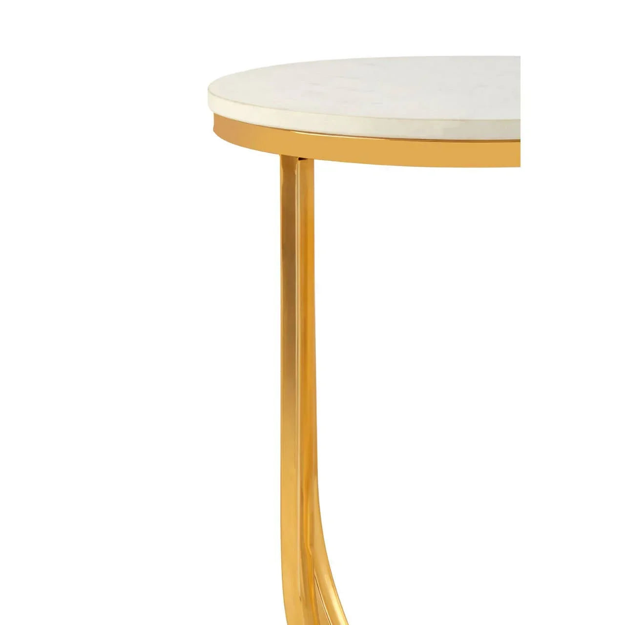 Round marble top side table with gold metal leg, close-up view