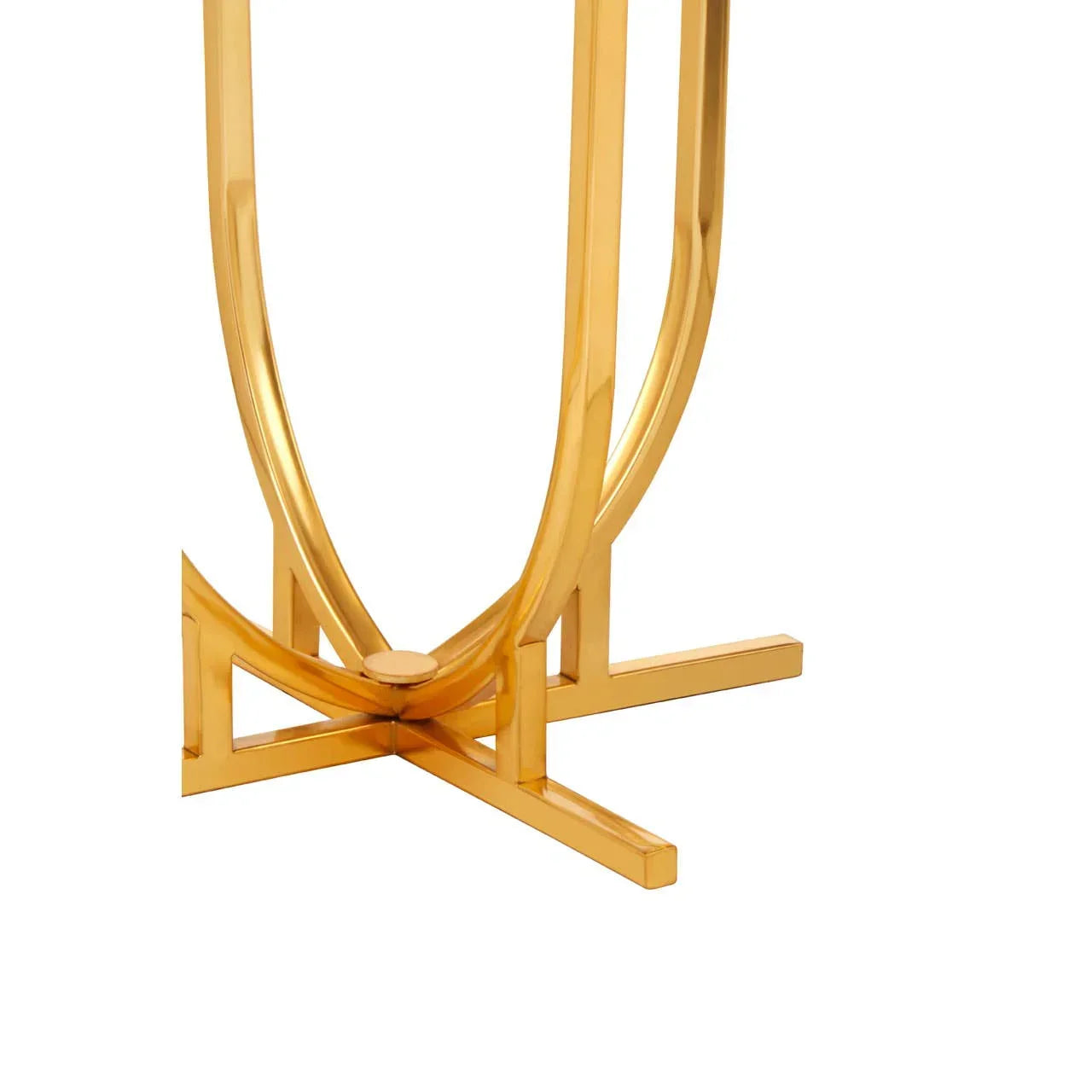 Gold metal table leg with geometric base design on white background
