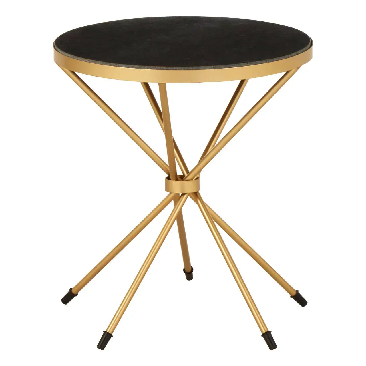 Round side table with black top and gold metal legs