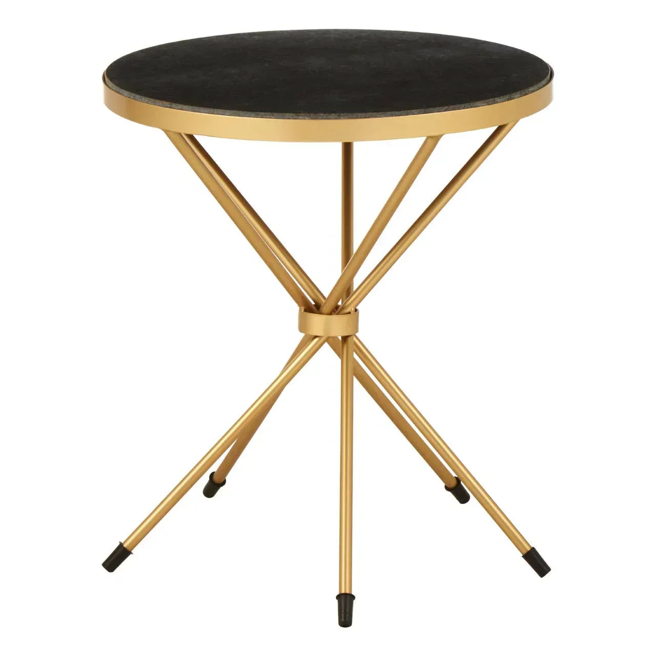 Round side table with black top and gold metal legs, modern design