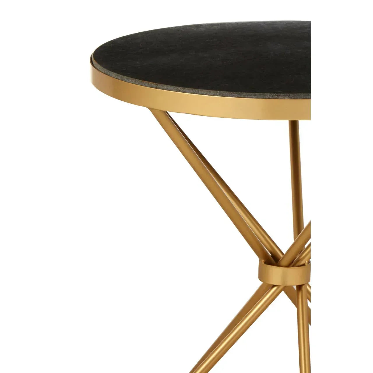 Round black stone side table with gold metal frame closeup