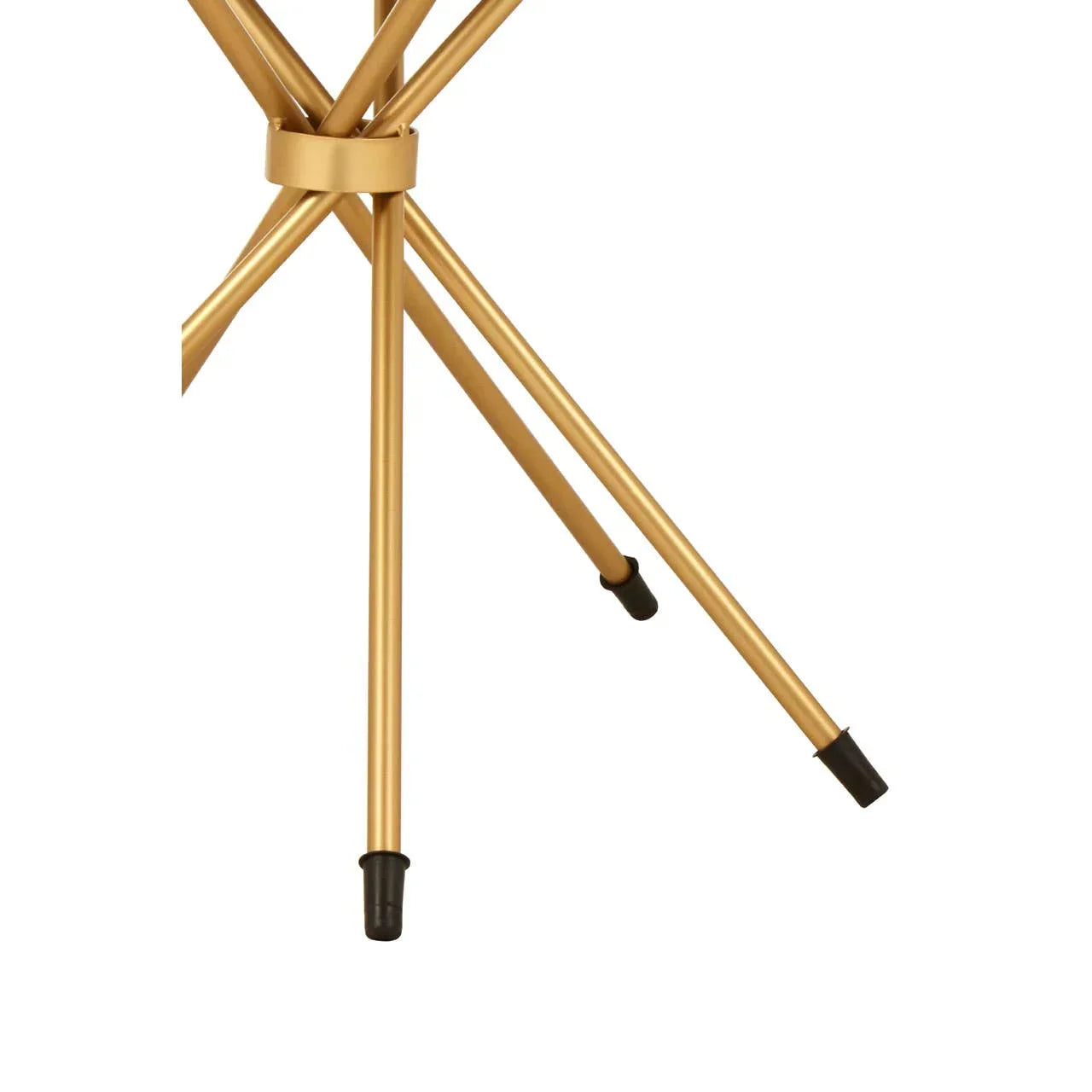 Gold metal furniture legs with black rubber tips on a white background