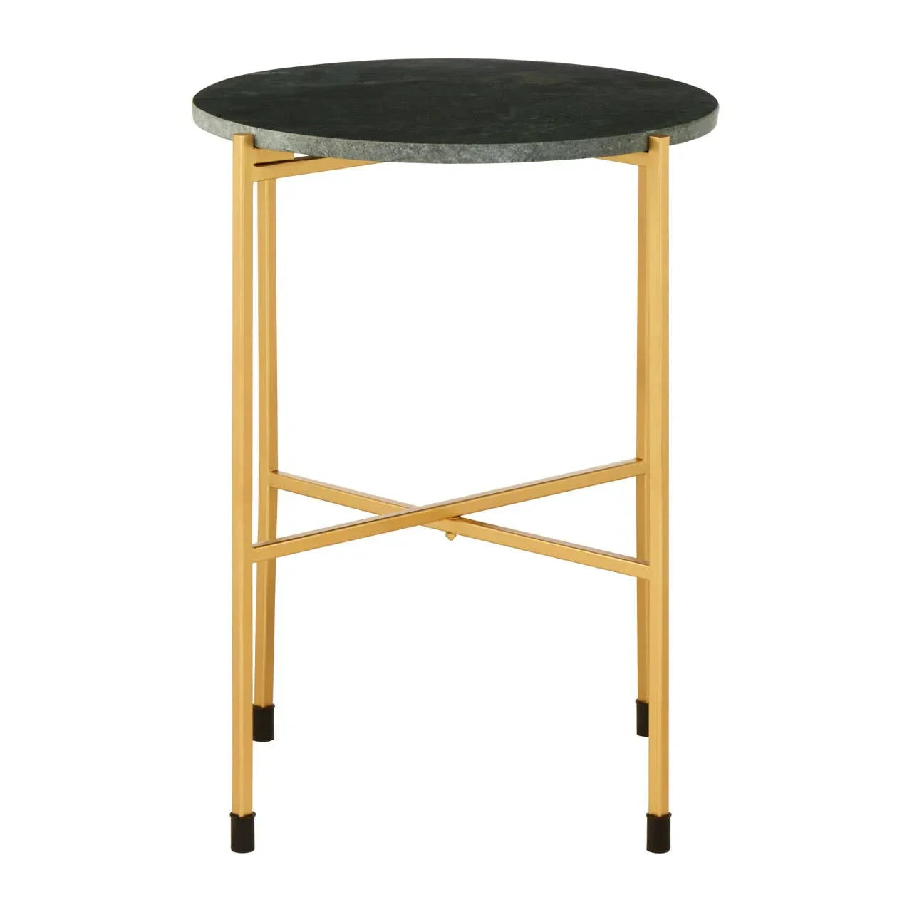 Round black side table with gold metal legs and marble top