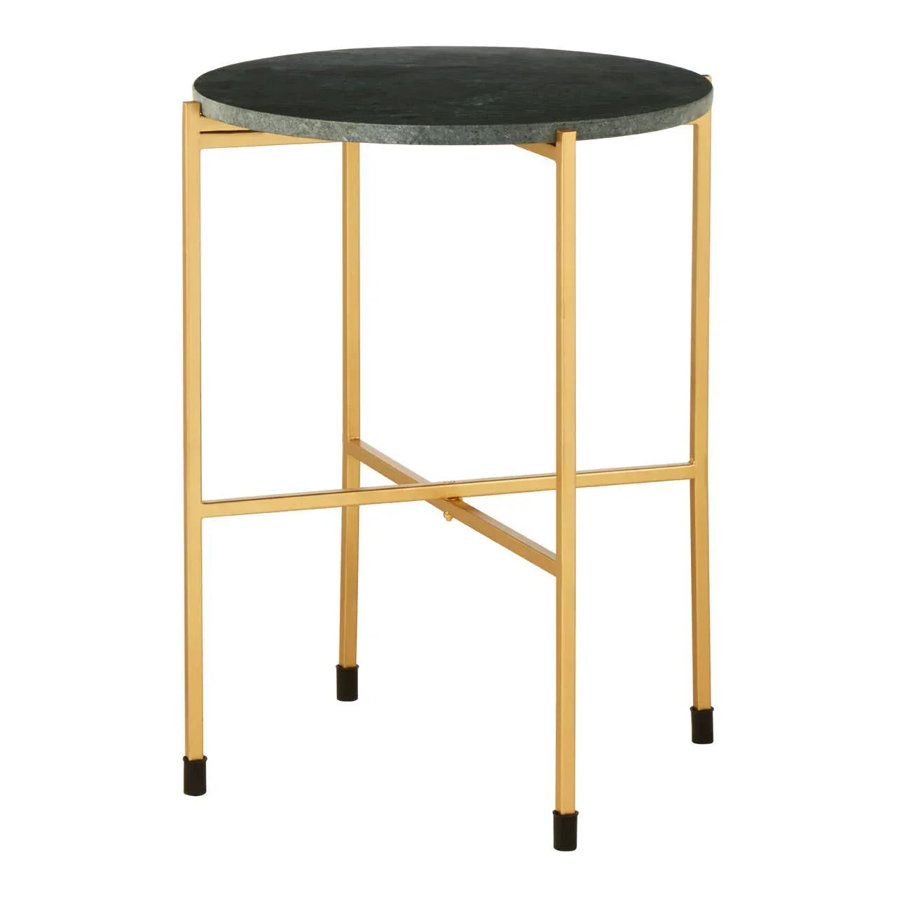 Round side table with black marble top and gold metal frame