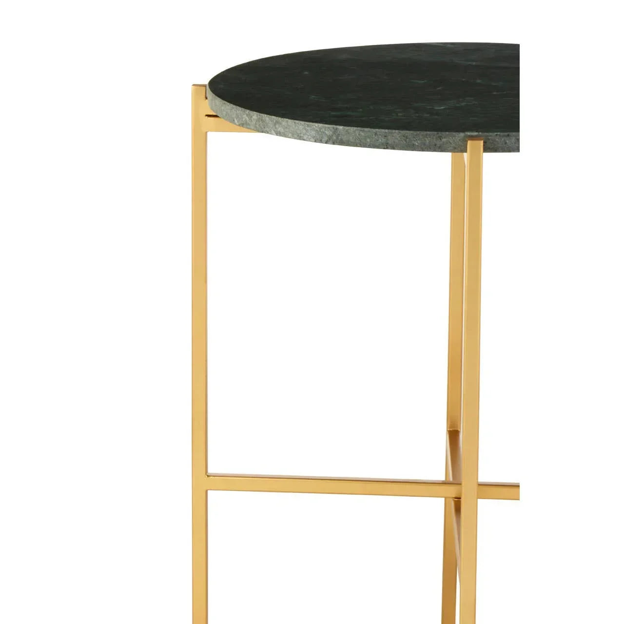Round marble side table with gold metal frame, close-up of tabletop and legs