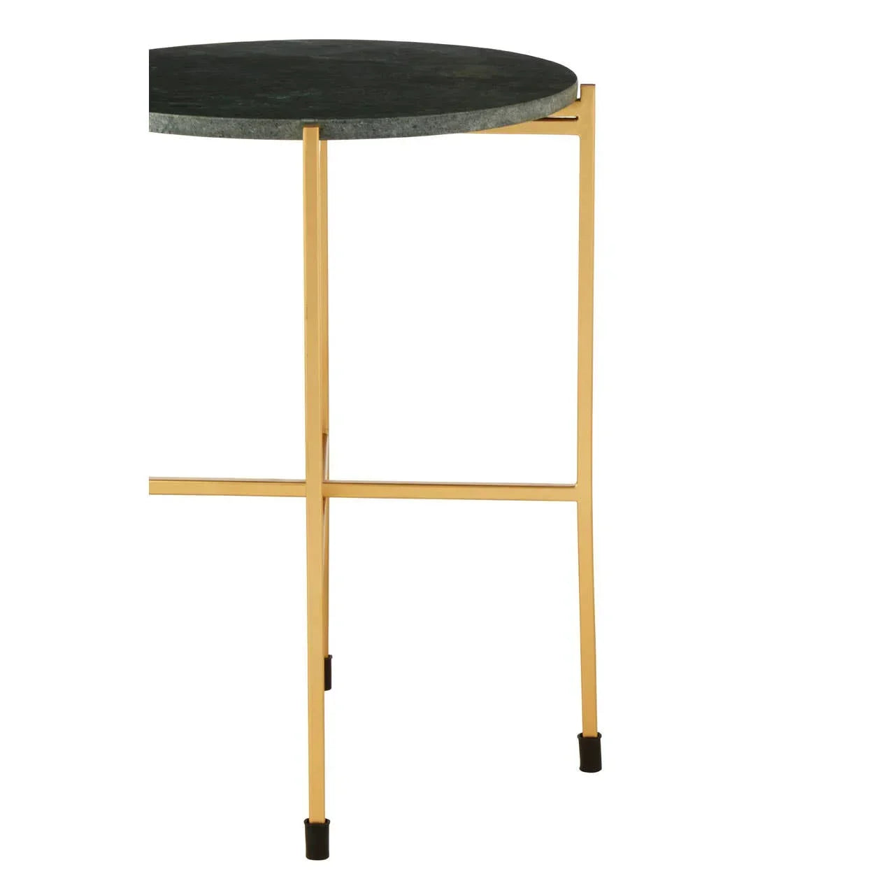 Round black marble side table with gold metal legs and crossbar support