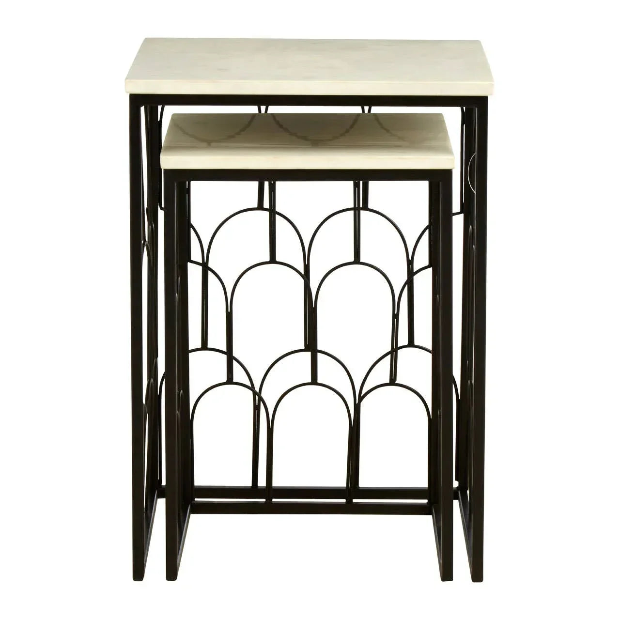 Set of two marble nesting tables with black metal geometric frame, front view