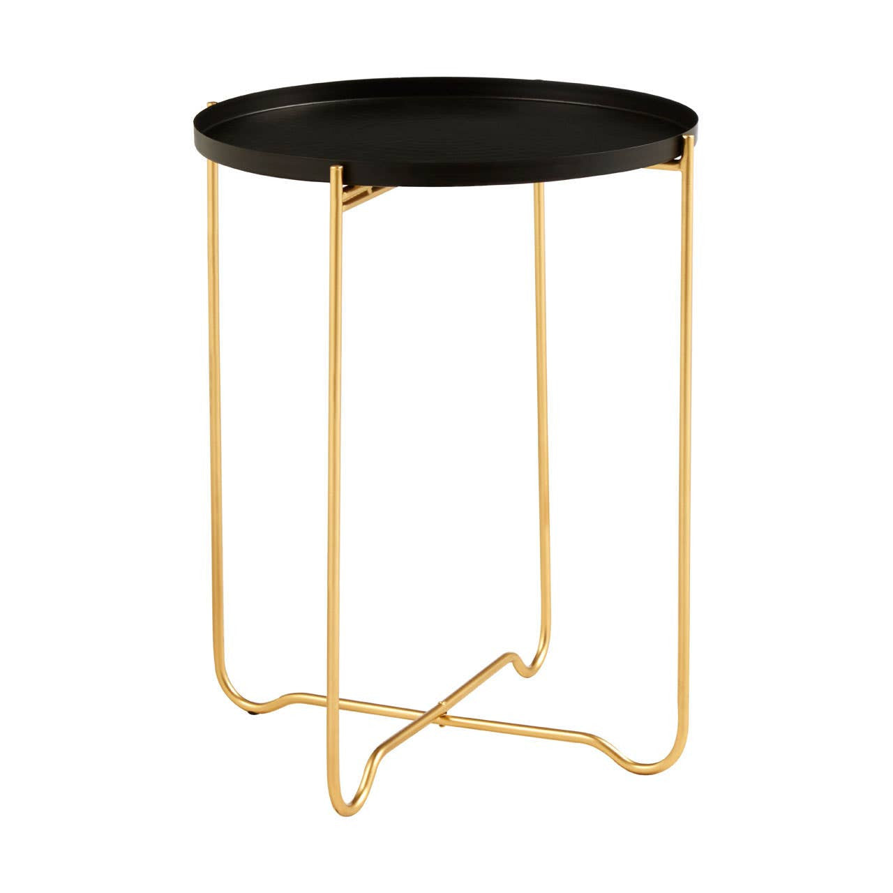 Round top side table with a sleek black surface and gold metal legs, featuring a minimalist design with a geometric base for stability