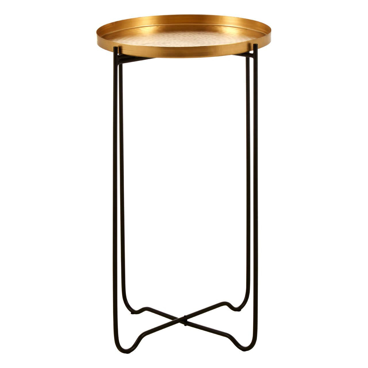Round top side table featuring a sleek gold finish on the tabletop and a minimalist black metal base with an X-shaped design for stability. The elegant combination of materials adds a modern touch to home decor