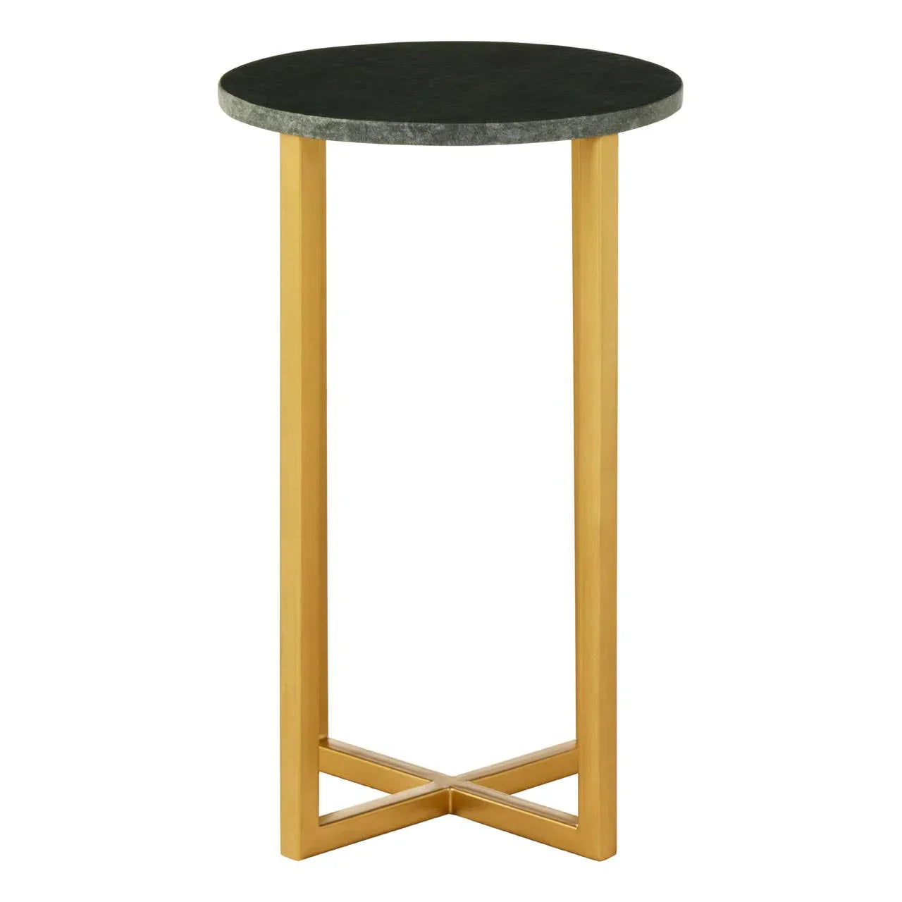 Round black side table with gold metal legs and cross base