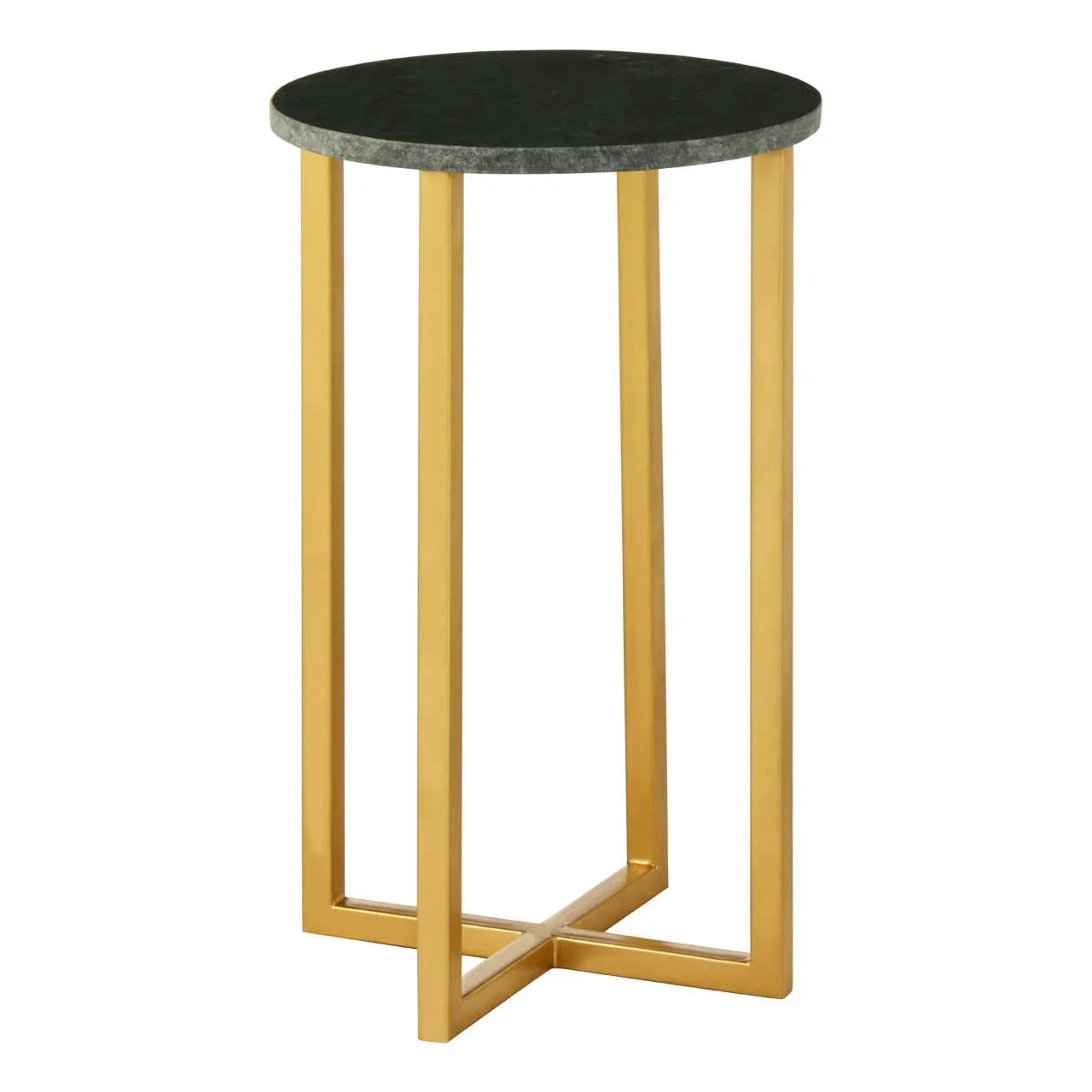 Round black marble side table with gold metal frame and cross base