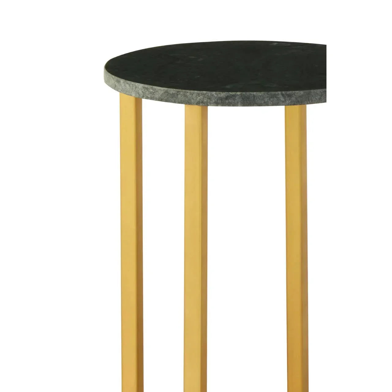 Round marble side table with dark top and gold metal legs, cropped front view