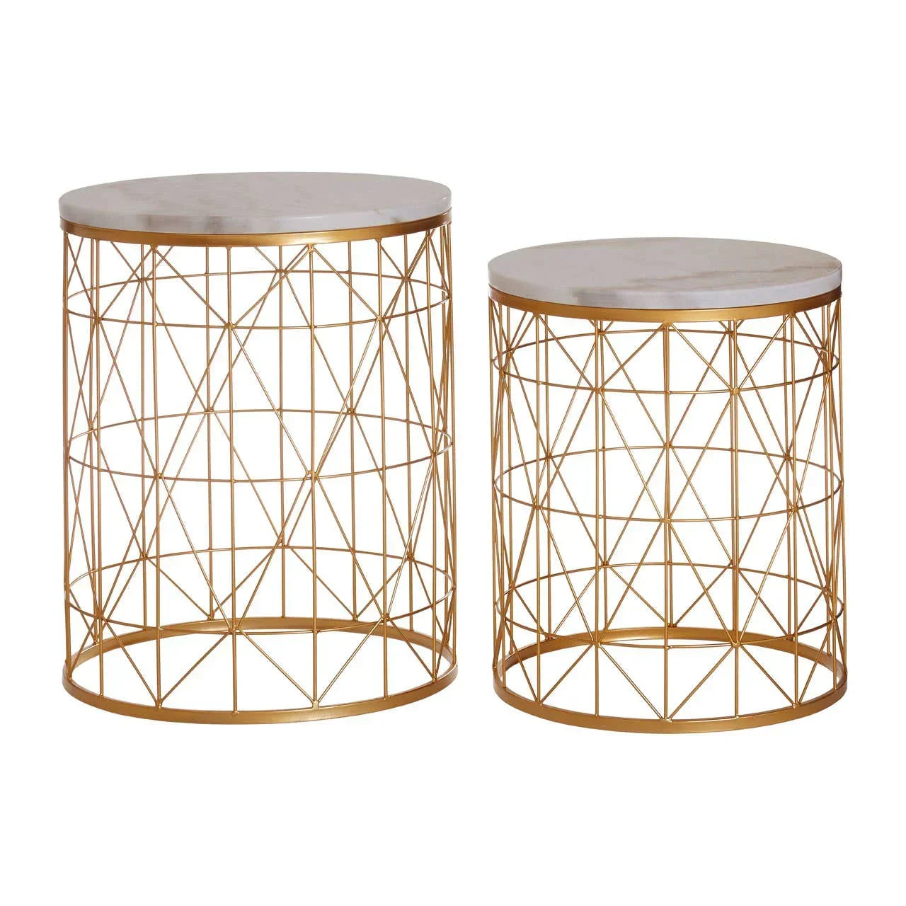 Set of two round gold wire side tables with marble tops