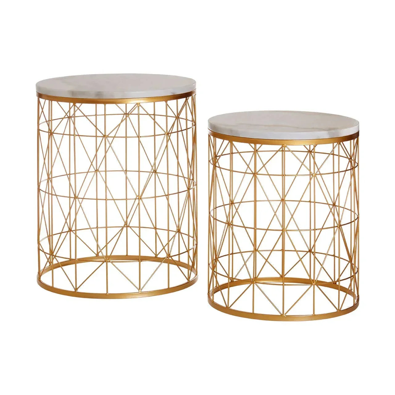 Set of two round gold wire frame side tables with white marble tops