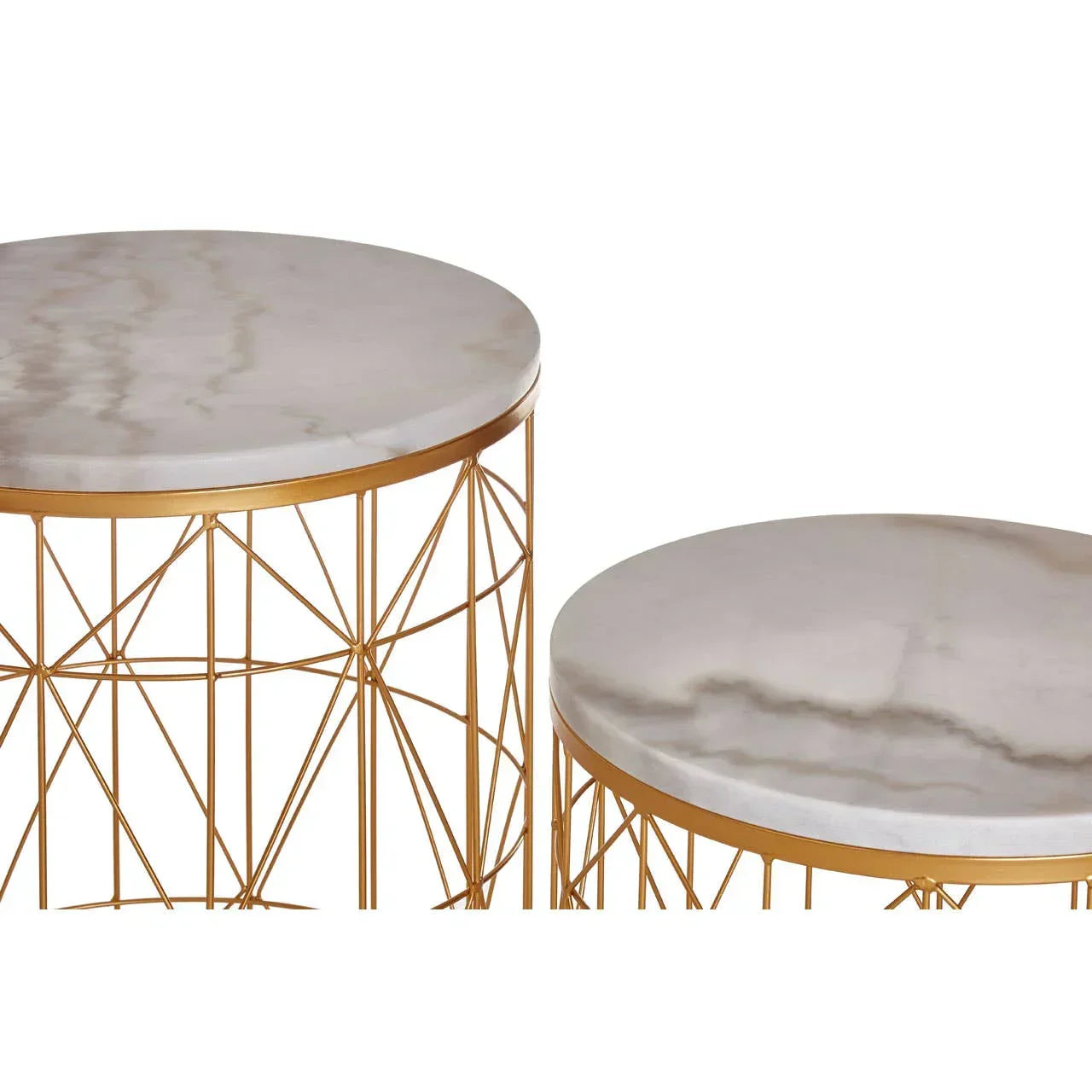 Round marble top nest tables with gold metal geometric bases, close up view