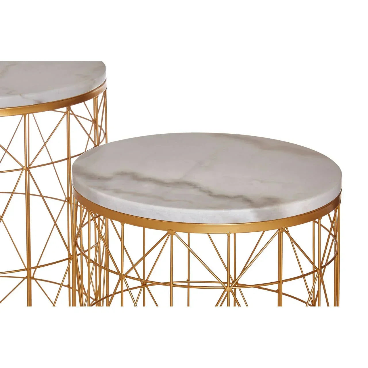 Round marble top nest of tables with gold metal geometric frames