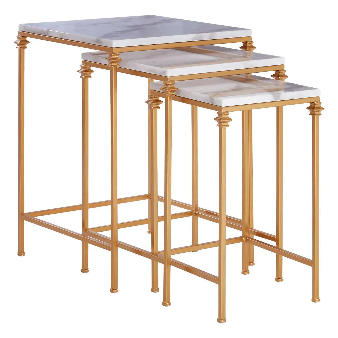 Set of three marble nesting tables with gold metal frames stacked together