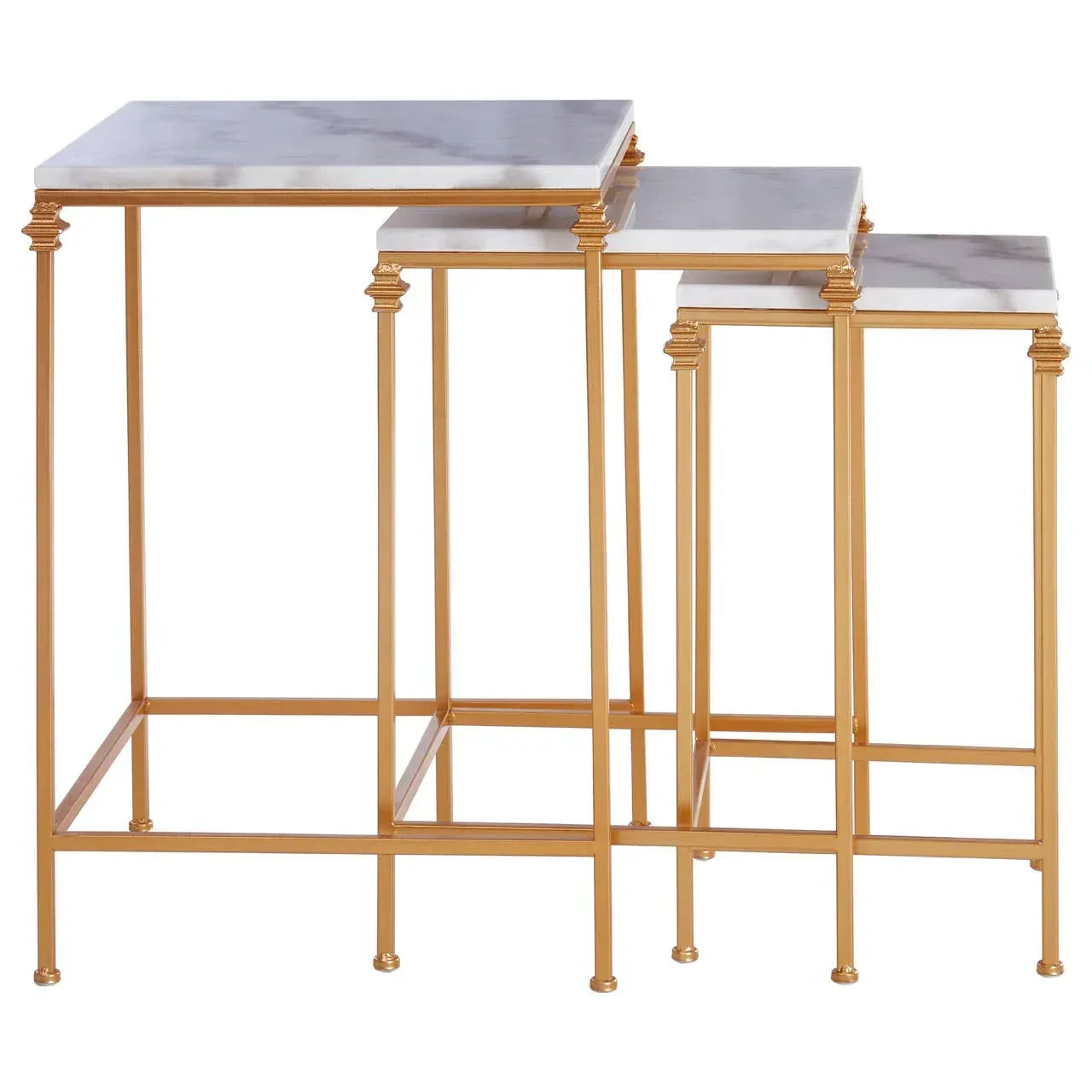 Set of three gold frame nesting tables with square marble tops